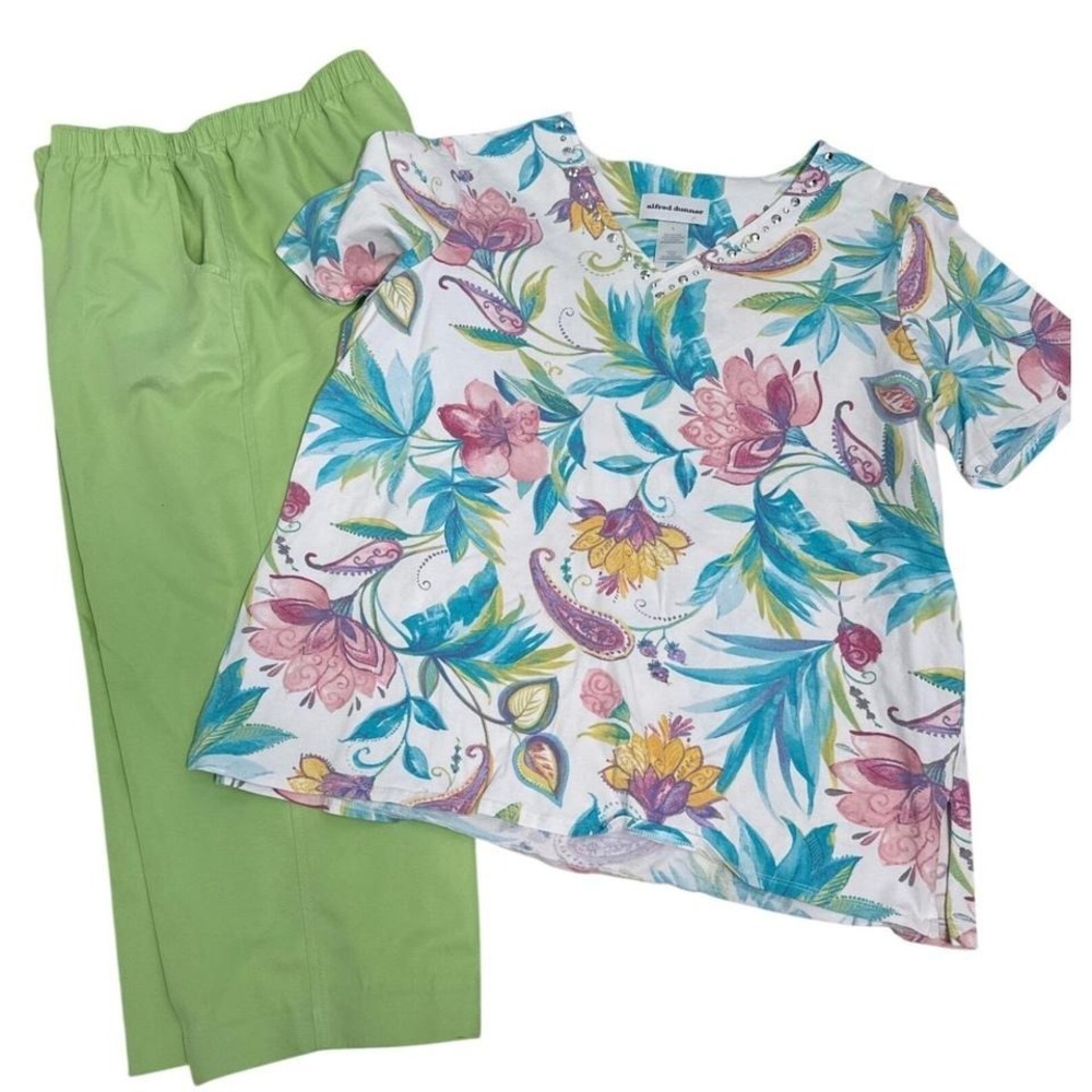 Alfred Dunner Womens Floral V-Neck Top and Green Pants 2 Piece Set Size Large
